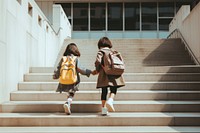 Backpack building walking stairs. 