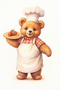 Cute bear chef holding apple pie toy representation freshness. 