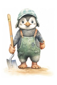 Penguin in farmer clothing cute white background representation.