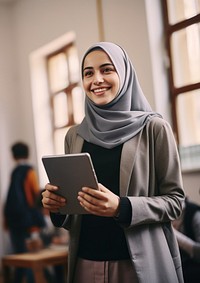 Computer holding person scarf. 