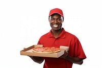 Pizza delivery man holding food box.