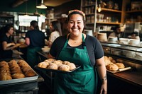 Bread smiling holding bakery. 