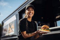 Food hamburger standing smiling. 