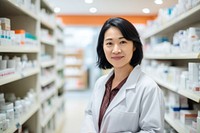 Asian middle age female pharmacist pharmacy customer medicine. 