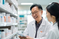 Asian middle age female pharmacist scientist customer pharmacy. 