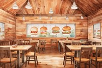 Wooden burger restaurant furniture table chair. 