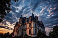 French chateau architecture building evening. 