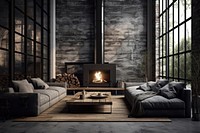 Modern industrial style living room architecture fireplace furniture.