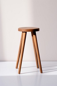 A wooden stool with four legs, simple design. Wooden stool stands on a white surface. Light wooden stool, minimalistic style. Wooden stool, elegant and sturdy.