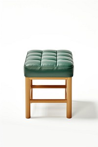 Green leather stool with wooden legs. Upholstered stool with a quilted design. Compact, stylish stool for seating. Ideal for modern decor, this stool is versatile.