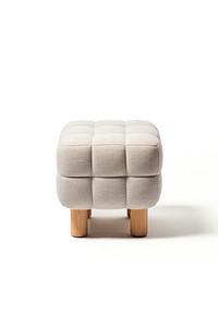 Modern beige ottoman with wooden legs. Beige ottoman features a tufted design. Ottoman perfect for living room decor. Beige ottoman adds elegance.