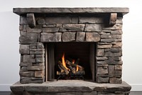 Cozy stone fireplace with logs burning. Stone fireplace exudes warmth. Firewood crackles in the stone fireplace. Perfect for a cozy, warm ambiance.