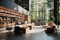 Modern office space with large windows, natural light, and wooden furniture. Spacious office design with open layout and greenery. Bright and airy office environment.