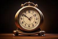 Vintage alarm clock with brass finish, classic design. The alarm clock features a round face with bold numbers. Timeless, elegant, and classic vintage style.