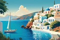 Travel poster illustration architecture sailboat building. 