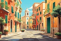Travel poster illustration building street town. AI generated Image by rawpixel.