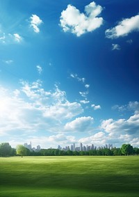 Park landscape, outdoors blue sky. 