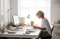 Sitting table adult woman. 