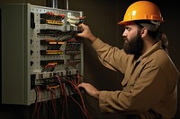 Electrical technician computer working hardhat. 