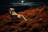 Astronaut sitting night chair moon. 