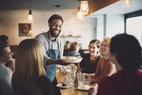 Happy waiter serving food cheerful adult happy. 