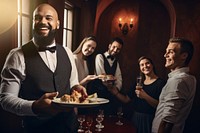 Happy waiter serving food cheerful adult happy. 