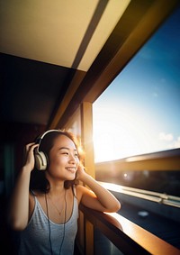 Woman wearing headphones. 