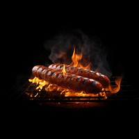 Sausage grilling cooking flame. 