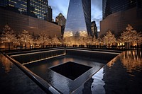 The world trade center memorial architecture skyscraper cityscape. 