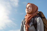 Teenager study abroad looking scarf hijab. 