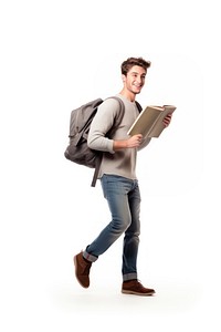 Male student standing carrying backpack. 