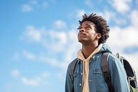 Teenager study abroad backpack looking jacket. 