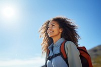 Woman hiking backpack outdoors looking. 