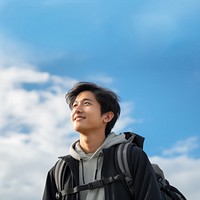 Teenager study abroad backpack looking male. 