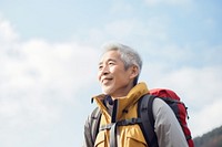 Senior man hiking backpack looking adult. 