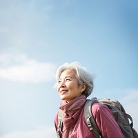 Senior woman hiking portrait outdoors backpack. AI generated Image by rawpixel.