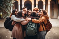 Diverse students study abroad laughing hugging adult. AI generated Image by rawpixel.