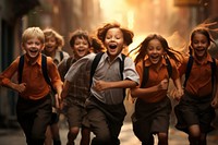 Schoolchildren running around laughing happy togetherness. 