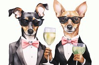 Dog couple champagne drinking portrait. 