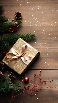 flatlay photo of christmas gift box ribbon ornaments pine branch mistletoe glitter minimal on wood table.  