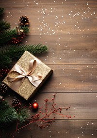 flatlay photo of christmas gift box ribbon ornaments pine branch mistletoe glitter minimal on wood table. 