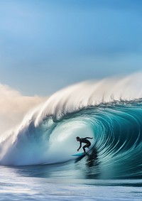 Photo of a woman Surfing in the blue wave ocean.  