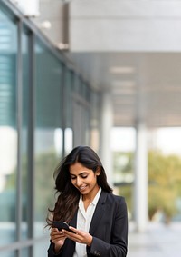 Photo of Indian businesswoman using her mobile phone. AI generated Image by rawpixel. 