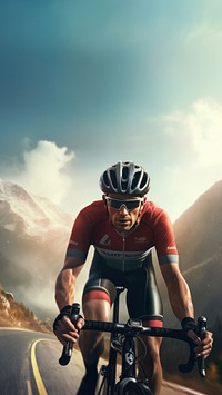 photorealistic of a male race cyclist driving up mountain road.  