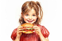 Girl eating burger biting child food. 