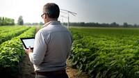 close up back view photo of a man using tablet displaying scientific data. 