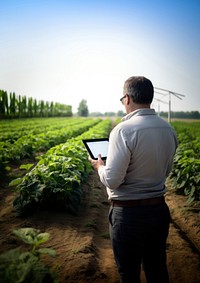 close up back view photo of a man using tablet displaying scientific data. 