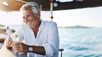 Close up photo of a middle-age men wearing white linen shirt. 