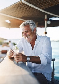 Close up photo of a middle-age men wearing white linen shirt. 