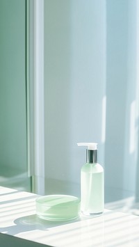 Minimalist scene with a soap dispenser and dish. Soft light, clean design. Soap dispenser and dish create a serene, minimalist atmosphere.